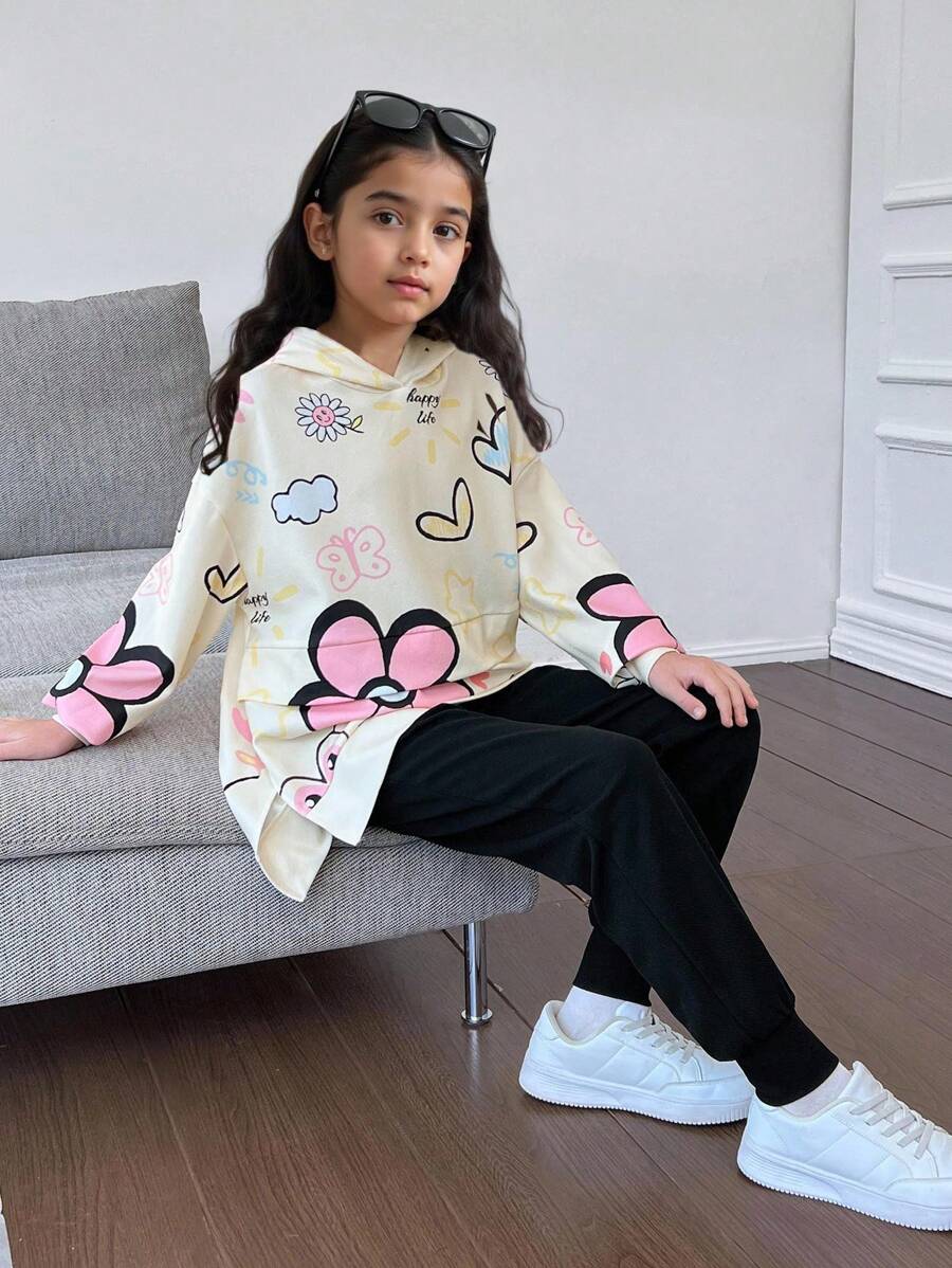 SHEIN 2 件/套 Tween 女孩休闲运动街头服饰涂鸦、卡通心形和英文图形宽松超大长袖连帽衫和罗纹紧身慢跑裤,适合春季、秋季、冬季、家居服和户外穿着 - 黑色 - 查看 1