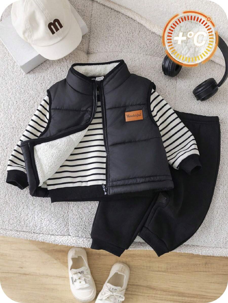 SHEIN 3 件套男婴/女婴秋冬可爱休闲厚垫背心夹克、黑白条纹连帽衫、黑色慢跑裤运动服、男女通用婴儿服装、婴儿冬装