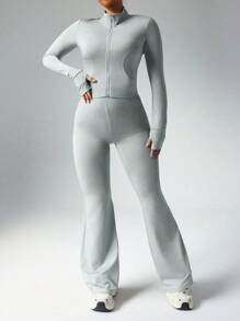 Easithlete Women Plus Size Casual Zipper Jacket With Thumb Hole & High Waist Flare Pants 2 Pieces Set Workout Women Set Y2k