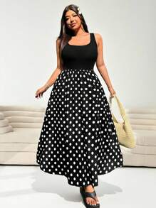 SHEIN EZwear 大码波尔卡圆点印花拼布无袖连衣裙