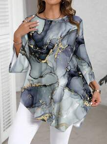 EMERY ROSE Camisa de manga larga con cuello redondo de talla grande con patrón de textura de mármol de tinta, informal, para primavera/otoño - Multicolor - Ver 1