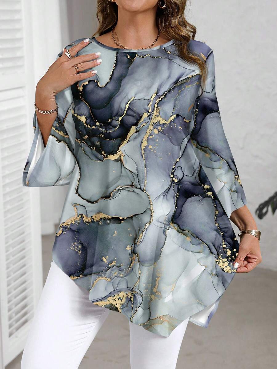 EMERY ROSE Camisa de manga larga con cuello redondo de talla grande con patrón de textura de mármol de tinta, informal, para primavera/otoño - Multicolor - Ver 1