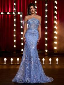 Glamrae Elegantes, luxuriöses, besticktes, Off-Shoulder Meerjungfrauenkleid mit Pailletten, Kunstperlenkette und Schleppe, geeignet für Hochzeiten, Veranstaltungen, Partys, Abschlussfeiern, Galas (strapazierfähig)