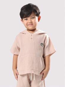 SUMWON 儿童双扣连帽衫套装，配抽绳裤，棉混纺面料，休闲舒适，适合4岁学龄儿童，春季系列 - 卡其色 - 查看 3