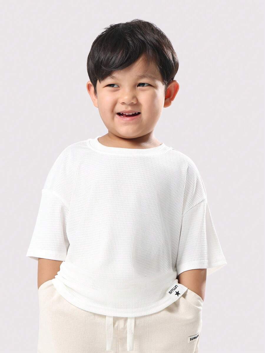 SUMWON Kinder Waffel-Strick Rippenshirt Regular Fit Kurzarm Basic Lässig Alltagskleidung Rundhals Kleinkind Jungen Bequeme Lässig Wear Essentiell - Weiss - Übersicht 1