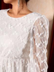 Cravure Christmas Plus Size Solid Color Round Neck Mesh Patchwork Elegant Long Sleeve Dress Fall Cloth For Women