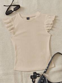 SHEIN EZwear 2pcs Green & Apricot Ribbed Fabric Round Neck Fitted T-Shirt Set With Flutter Sleeves, Suitable For Summer - Multicolor - View 4