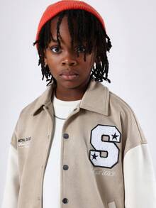 SUMWON Varsity Bomber Jacket For Boys Two Tone Design Athletic Division Embroidered Patch Letter Applique Casual School College Style Fall Winter Outerwear