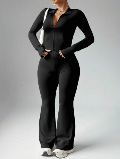 Conjunto de 2 piezas de chaqueta casual con cremallera y agujero para el pulgar, y pantalones acampanados de cintura alta para mujer talla grande