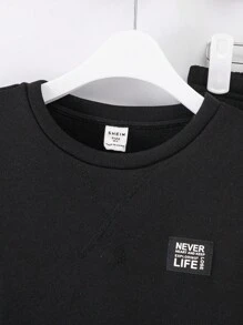 SHEIN 2 件儿童休闲针织拼接圆领长袖运动衫和裤子套装，适合通勤、上学、日常休闲、学院风，适合儿童装年轻男孩衣服返校男孩套装，适合生日派对、晚会、婚礼、洗礼、开学典礼、日常校服、旅游、运动、秋冬季节，羊毛，加厚 - 黑色 - 查看 6