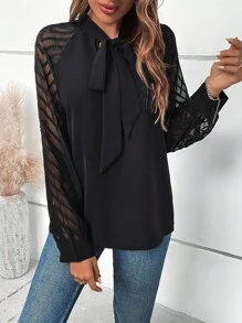 Islaluna Contrast Mesh Raglan Sleeve Tie Neck Blouse Fall Cloth For Women - Black - View 6
