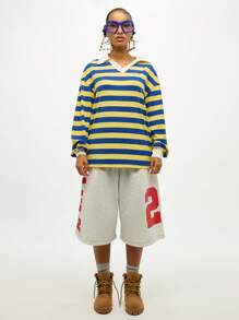 SUMWON WOMEN 校队风格橄榄球上衣长袖领衬衫黄蓝条纹图案学院风休闲复古街头服饰秋冬分层单品 - 彩色 - 查看 7