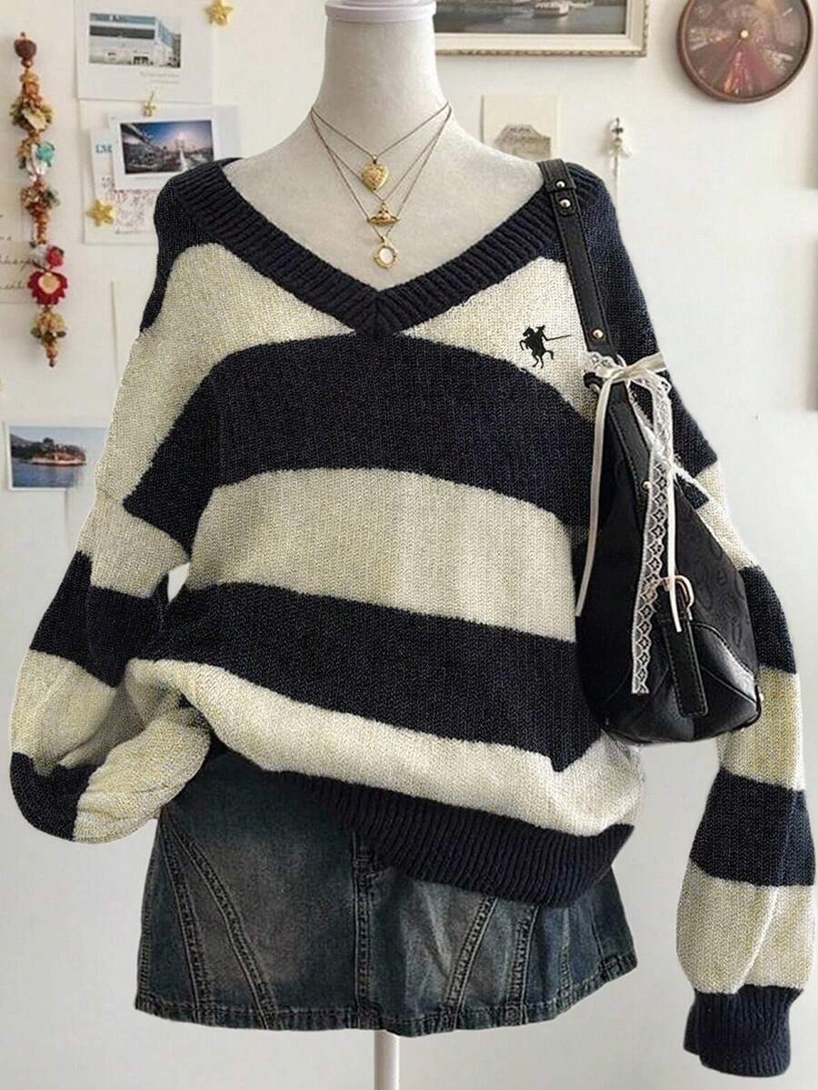Lalippa 女式V领落肩长袖条纹宽松针织毛衣