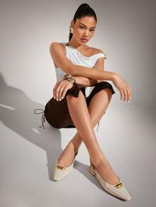 SHUZIA Women's Small Square Pointed Toe Nugget Ornament Sling Back Flat Shoes - White - View 4