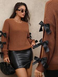 Elenzga 大码女式纯色针织圆领蝴蝶结镂空长袖休闲简约套头毛衣，适合秋冬季穿着