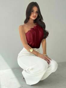 Firerie 春夏新款简约优雅日常通勤3D结构不对称褶皱设计无袖收腰修身白色连体衣，适合音乐节、返校季、女士海滩度假装、机场装、度假装、教师装 - 紅色 - 查看 8