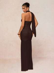 Lumalex Women's Halter Neck Chiffon Dress With Ruffled Bust Pads And Flowy Dress - Coffee - View 8