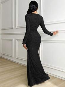 Veilorie Women's Solid Color Round Neck Pleated Fitted Long Sleeve Dress Long Black Elegant Dress - Black - View 2