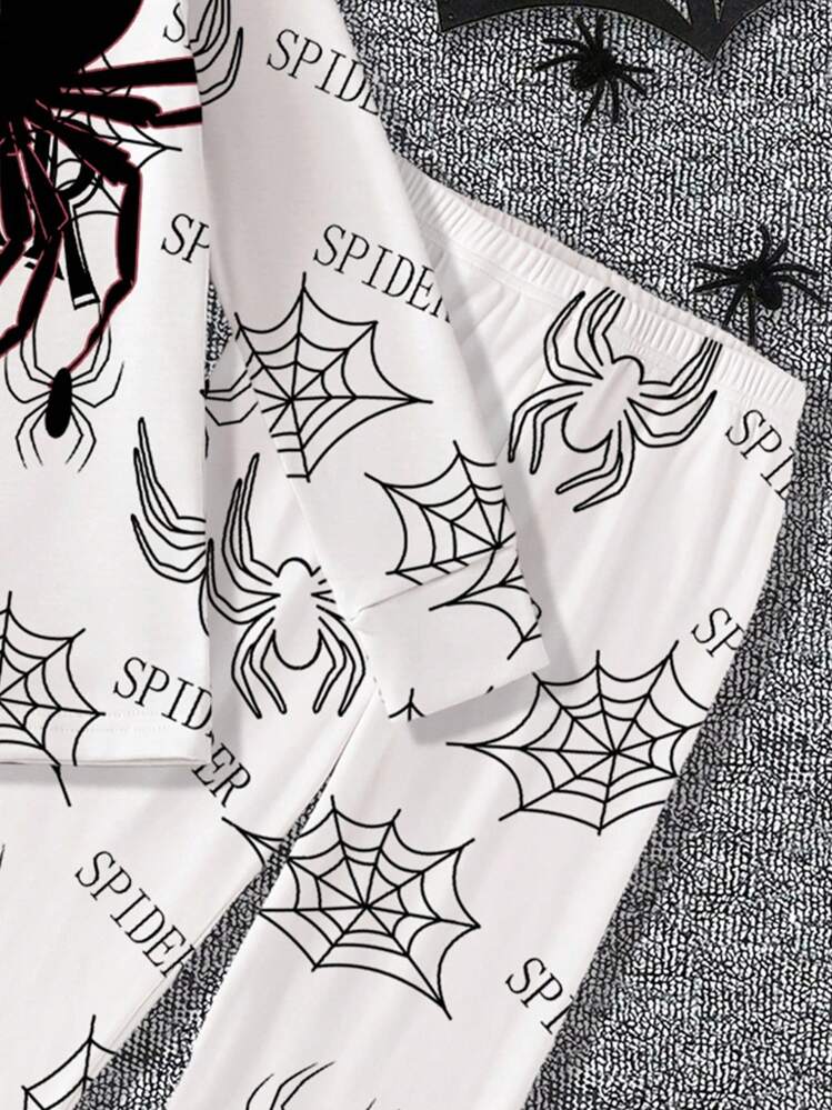 Tween Boys pyjamasset med spindelmönster och långärmad topp och byxor, 2 delar, stretchig, smal passform, lämplig för vår/höst - Vitt - Visa 4