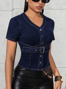 SHEIN Unity Casual Waist Cinched Short Sleeve Women's Denim Jacket, Suitable For Everyday Wear - Blue - View 5