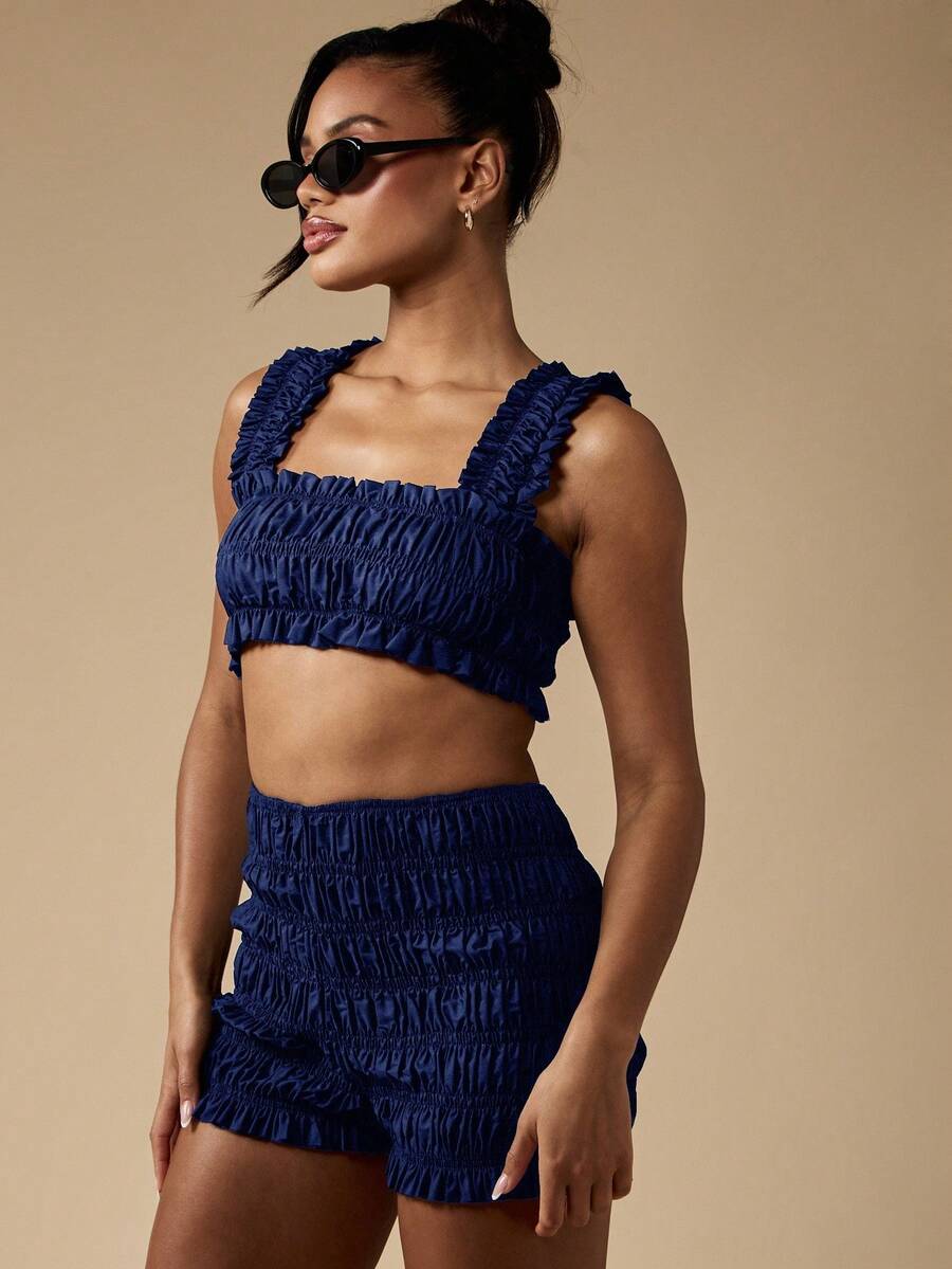 MISSGUIDED 褶皱夏季两件套服装荷叶边方领短款上衣高腰短裤节日度假海滩度假装派对套装 - 藍色 - 查看 1