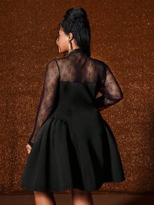 Maweii Váy phồng ren chắp vá thanh lịch cỡ lớn - màu đen - Xem 6