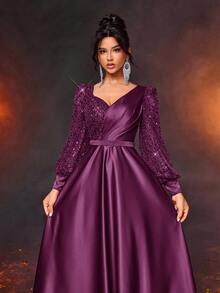 Glamrae Váy maxi satin dài tay đính hạt sequin lấp lánh thanh lịch màu đỏ burgundy sang trọng có thắt lưng có thể tháo rời, thích hợp cho đám cưới, tiệc tùng, kỳ nghỉ, tốt nghiệp, vũ hội, mẹ cô dâu - Màu tím - Xem 7
