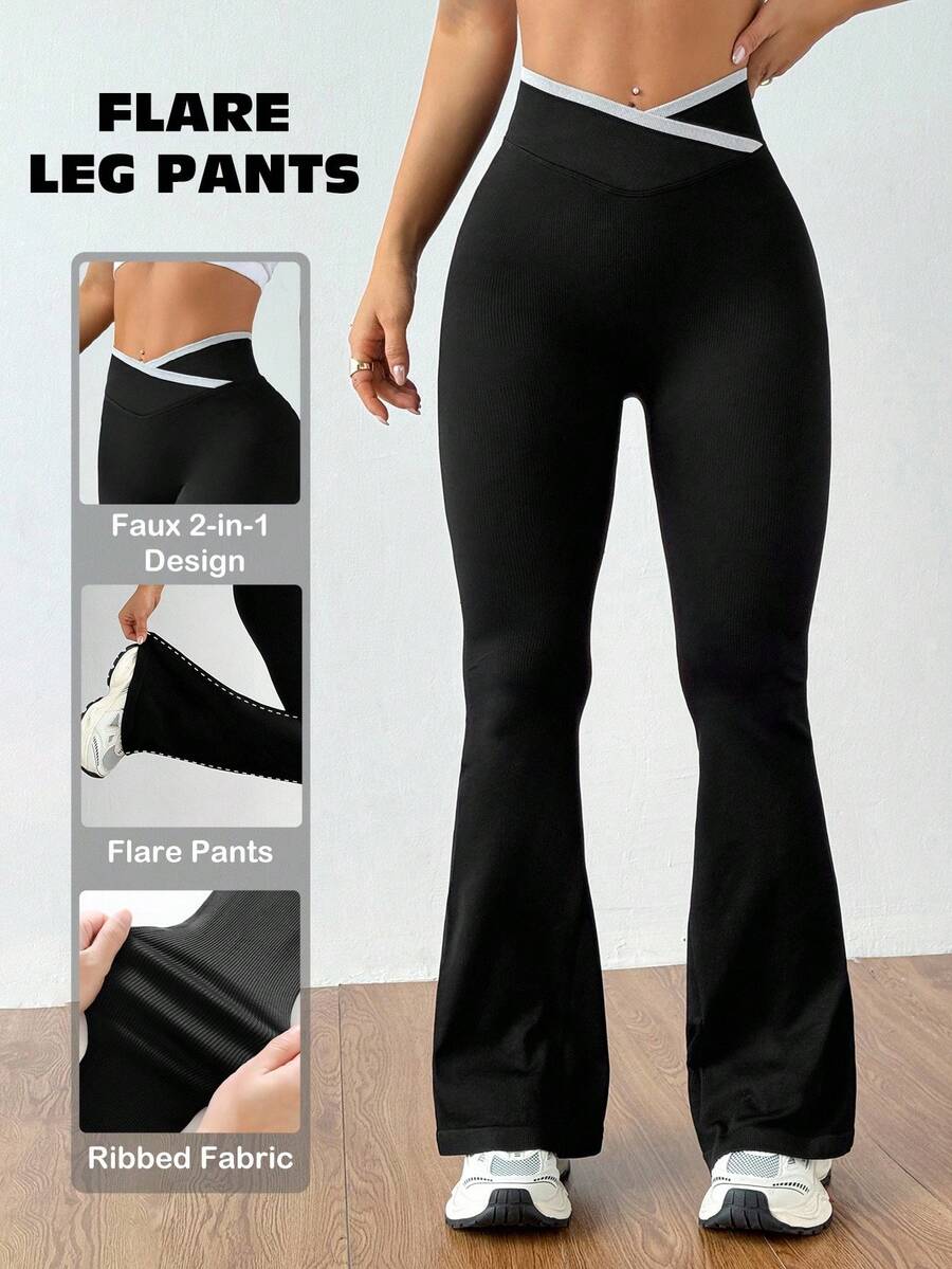 Dewbera 无缝高弹力运动健身瑜伽裤，阔腿 - 黑色 - 查看 1