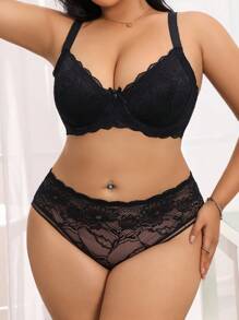 SHEIN Bộ đồ lót ren hoa gợi cảm ôm sát toàn thân cỡ lớn cho nữ - màu đen - Xem 5