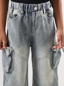 SUMWON Pantalones vaqueros cargo de pierna ancha para niños, de ajuste holgado, estilo urbano de moda, con múltiples bolsillos con cremallera, lavado vintage ligero, máximo confort para uso diario, para otoño e invierno - Azul - Ver 5