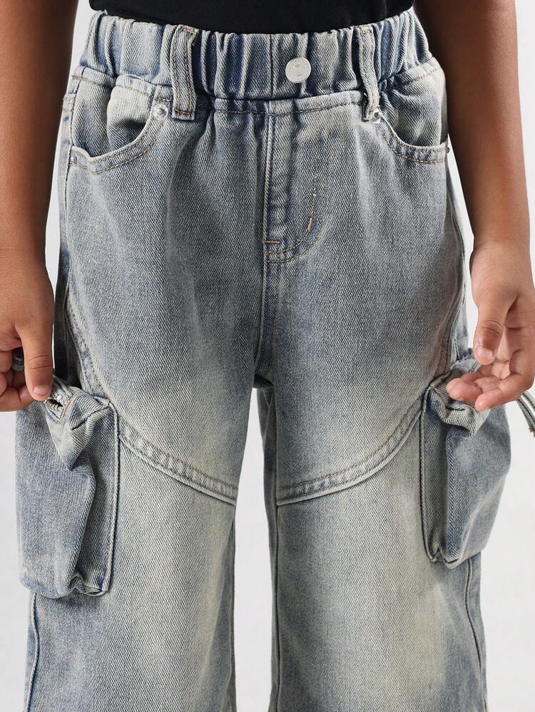Wide Leg Denim Cargo Jeans With Multiple Zipper Pockets