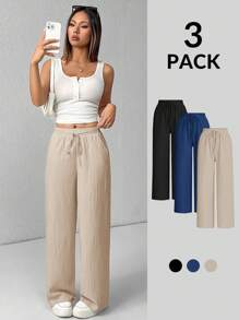 SHEIN PETITE Quần ống rộng họa tiết ba mảnh dành cho nữ màu đen + trắng + xanh lá cây - Nhiều màu - Xem 8