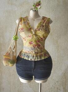 SHEIN ICON 加大码粉色佩斯利花纹 V 领荷叶边下摆网眼背心，适合夏季，Y2K 复古佩斯利花纹，毕业/返校季夏装，暑假 - 綠色 - 查看 3