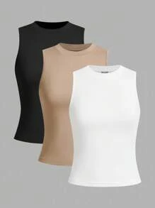 SHEIN LUNE 3件装女士圆领刺绣马匹紧身吊带背心，黑/白/灰三色可选，适合秋季作为打底衫穿着，3件装修身女式上衣 - 彩色 - 查看 3