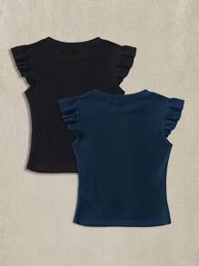 Soleia 两件套黑色和藏蓝色罗纹圆领修身泡泡袖T恤，适合夏季穿着 - 彩色 - 查看 2