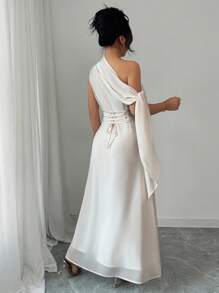 Rafferiza Vestido camisero largo y sin mangas de unicolor y elegante, de color claro, con estilo minimalista - Albaricoque - Ver 2