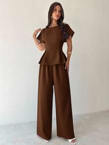 Firerie Conjunto de 2 piezas de verano para mujer: Blusa de manga corta con cuello redondo, plisada en la cintura, textura de bambú en color amarillo albaricoque + Pantalón ancho y suelto. Estilo retro, versátil para uso diario, oficina, aeropuerto, viajes. Elegante y sencillo para maestras, oficina, salidas.