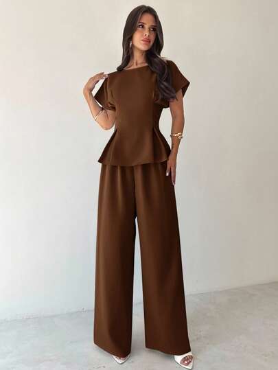 Firerie 夏季女装新款简约优雅通勤度假复古毕业日常百搭杏黄竹纹面料圆领短袖收腰褶皱X型常规衬衫上衣+宽松阔腿裤两件套，教师装，复古风，女士办公室装，办公室，机场装，旅行装机场，外出装