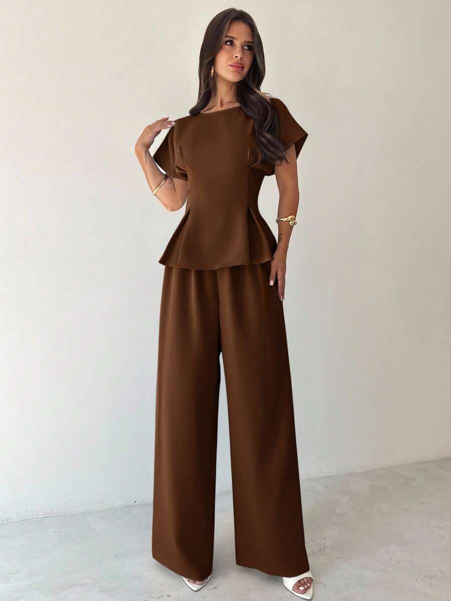 Firerie Conjunto de 2 piezas de verano para mujer: Blusa de manga corta con cuello redondo, plisada en la cintura, textura de bambú en color amarillo albaricoque + Pantalón ancho y suelto. Estilo retro, versátil para uso diario, oficina, aeropuerto, viajes. Elegante y sencillo para maestras, oficina, salidas.