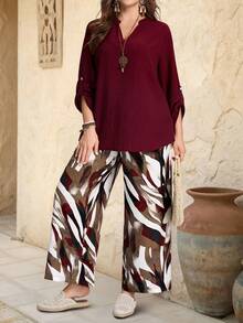 EMERY ROSE 秋季大码女式休闲度假酒红色长袖衬衫和印花裤套装（带口袋）2 件套 - 酒紅色 - 查看 3