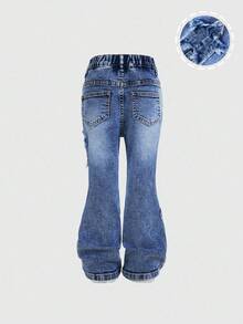 SHEIN Quần jean xanh nhạt rách cho bé gái, thêu hình ngôi sao, cạp chun, ống loe ôm sát - Rửa tối - Xem 2