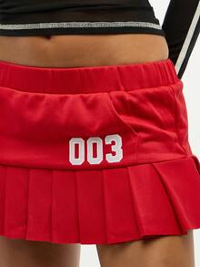 SUMWON WOMEN Váy ngắn xếp ly cạp cao thiết kế cúp đồng phục cổ vũ đội quần vợt trượt băng thể thao có đính số - Đỏ - Xem 5