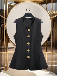 GlowEve Women's Metal Flower Single-Breasted Round Neck Sleeveless Elegant Regular Jacket - Black - View 3