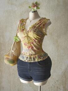 SHEIN ICON 加大码粉色佩斯利花纹 V 领荷叶边下摆网眼背心，适合夏季，Y2K 复古佩斯利花纹，毕业/返校季夏装，暑假 - 綠色 - 查看 4