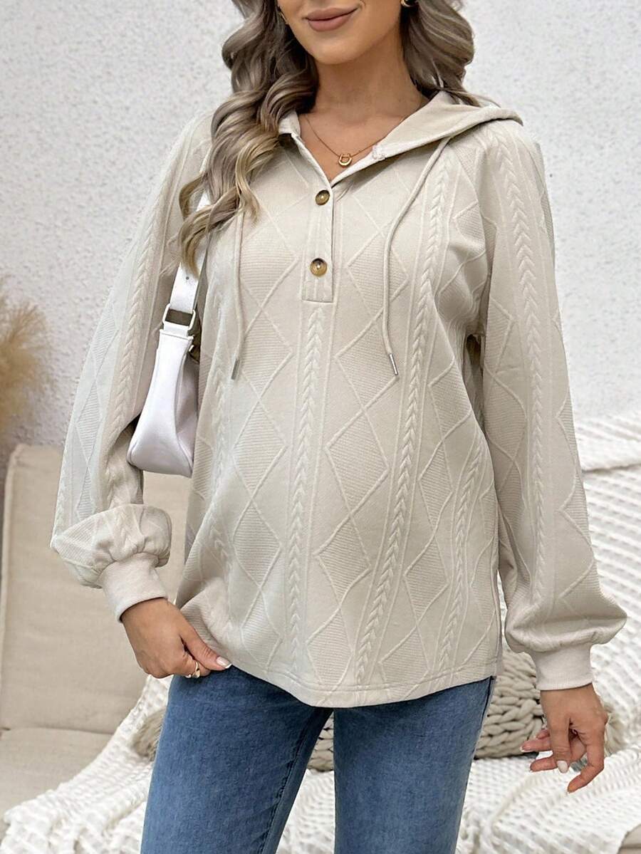 SHEIN 孕妇纽扣式抽绳插肩袖运动衫，适合冬季孕妇穿着 - 杏色 - 查看 1