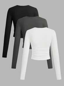 SHEIN EZwear 3pcs/Set Women's Casual Solid Color Crew Neck Ruched Long Sleeve T-Shirts, Black, Dark Grey, White, Autumn/Winter,Fall Tops