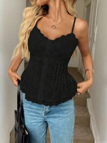 Easowa Áo hai dây vải jacquard thêu ren, nút cài phía trước, eo xếp ly, thường ngày, thanh lịch, dành cho nữ, mùa xuân/hè - màu đen - Xem 8