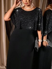 Cravure Abito elegante da donna con collo rotondo, in tessuto in maglia tinta unita nera con inserti in chiffon metallizzato lucido, taglio aderente, adatto per feste, autunno/inverno, taglie comode - nero - Visualizzare 7