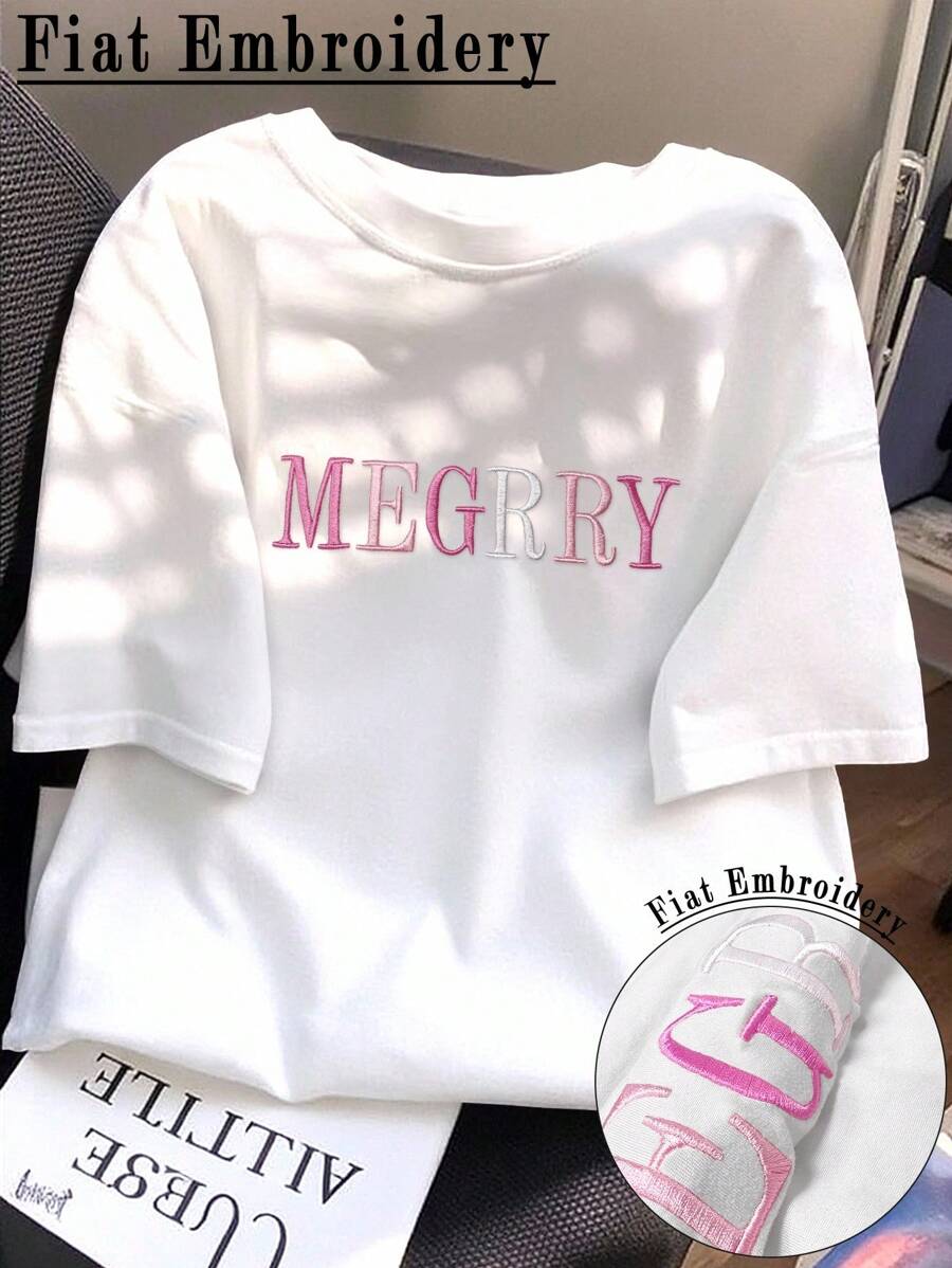 SHEIN T-shirt ajusté décontracté avec lettres brodées pour femmes, été - Blanc - Voir 1