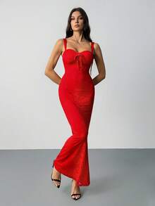 SHEIN Tall 女士纯色蕾丝紧身优雅性感约会夜紧身美人鱼连衣裙，万圣节服装 - 紅色 - 查看 4